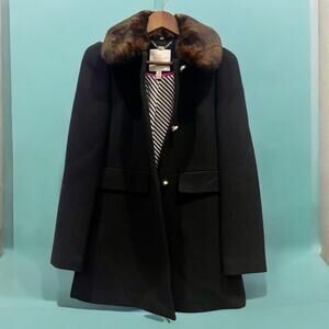 Kate Spade Women's Black Overcoat Faux Fur Collar Size S